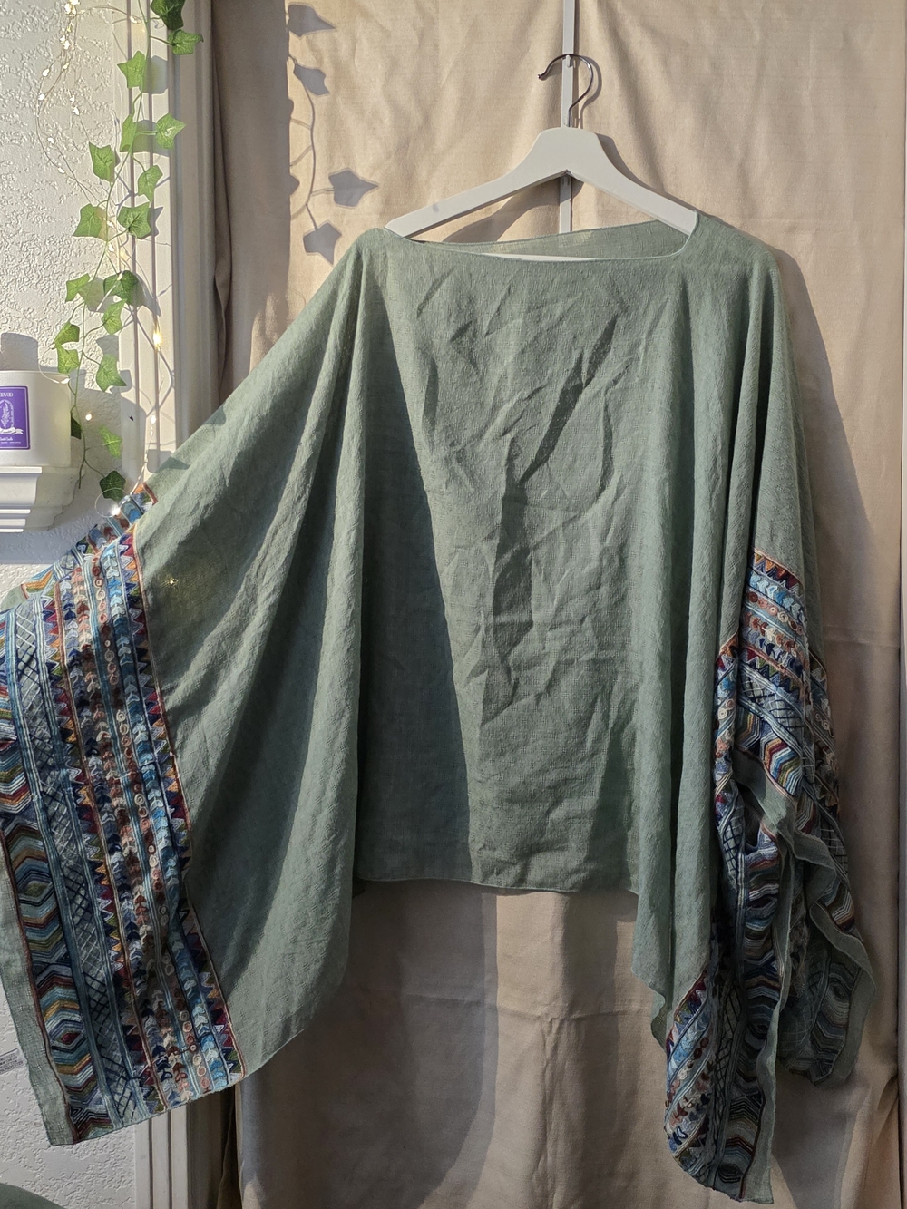 Boho Embroidered Sleeve Linen Top - Sage Green